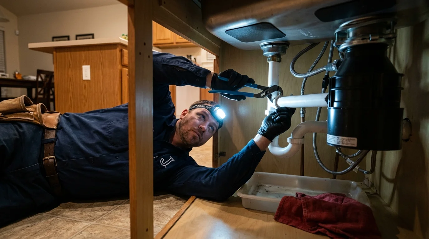 P-trap and supply line connections under a kitchen sink showing a common leak point in Cleveland, TN